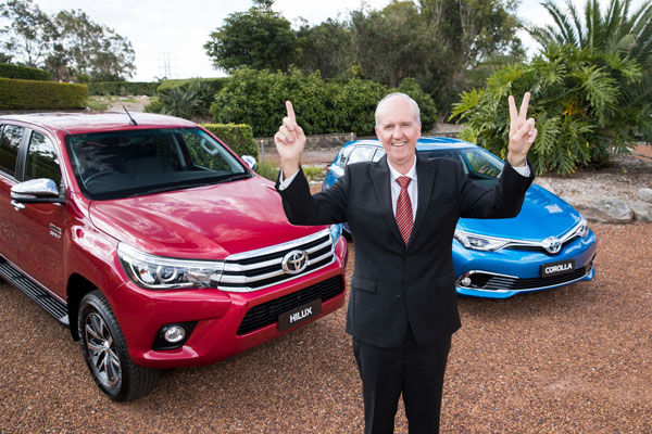 Toyota Australia’s sales and marketing chief, Tony Cramb, celebrates Toyota’s one-two finish