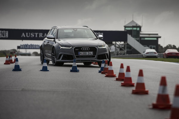 Hat dance ... the Audi RS 6 Avant steps around witches' hats under full-on ABS braking