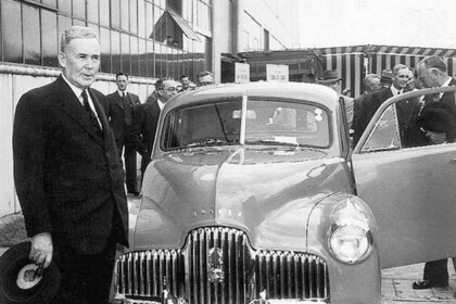 Australian Prime Minister Ben Chifley with the first Holden models the 48-215.